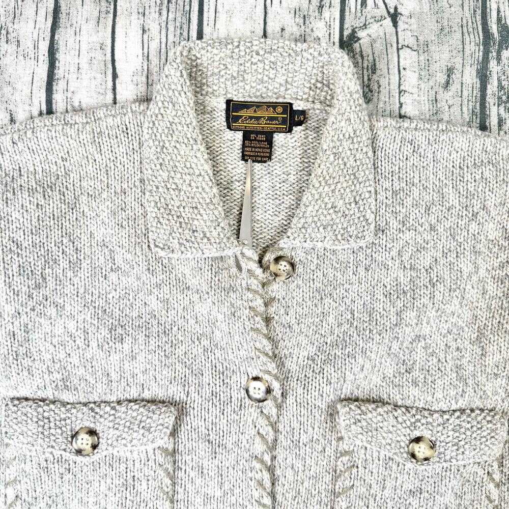 VTG 90s Eddie Bauer Jacket Womens Large Brown Wool Blend Chunky Knit Button Up - Picture 3 of 10